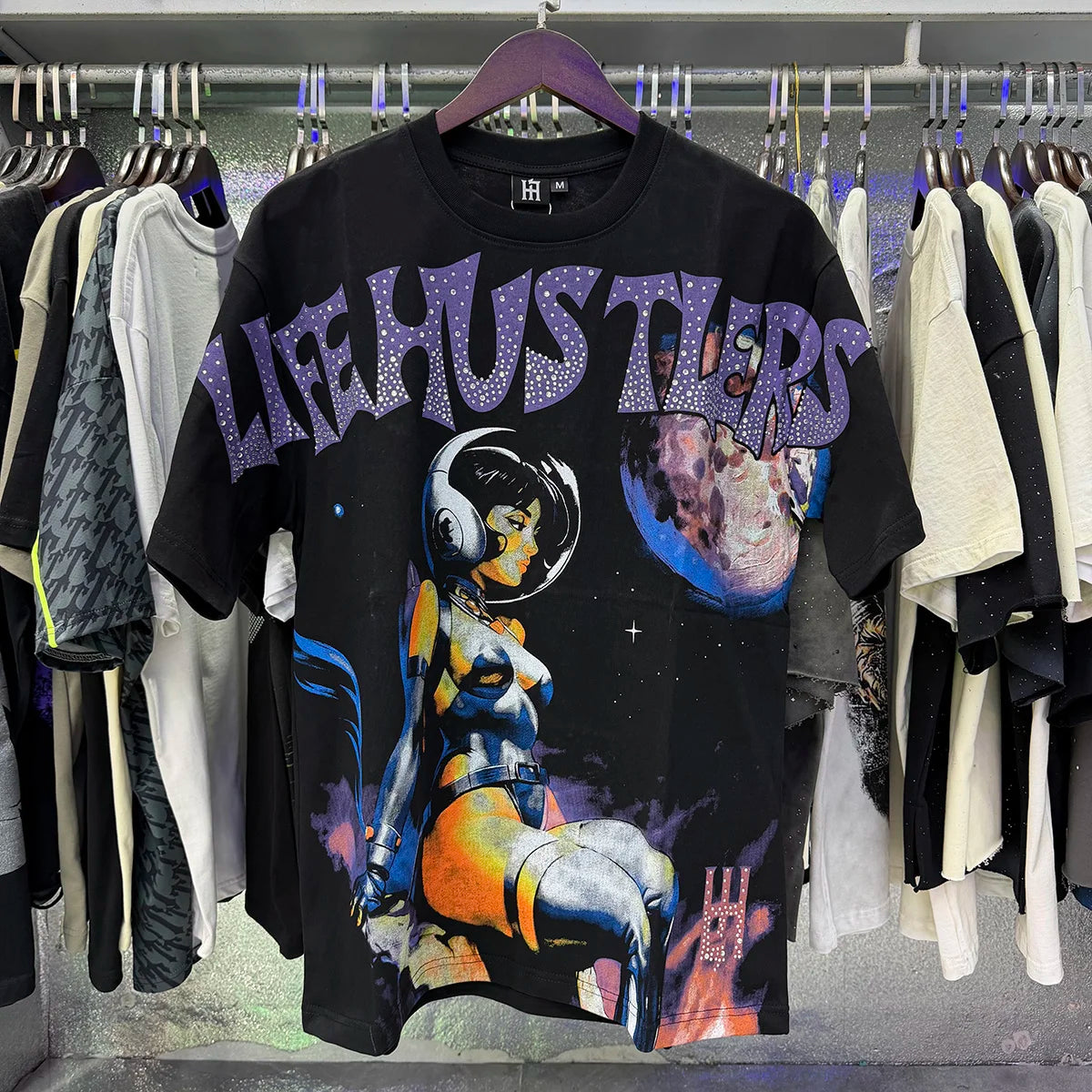 Oversized Rhinestone Cotton Crew Neck T-Shirt