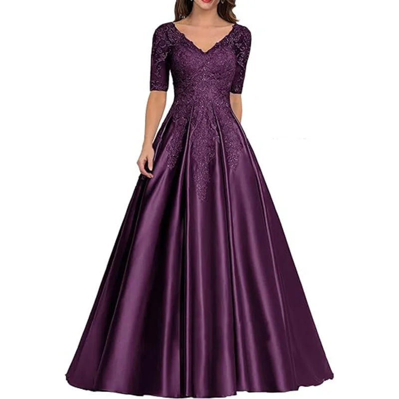 A Line Women Evening Dresses Satin Appliques V Neck Prom Party Gowns Formal Occasion robes de soirée