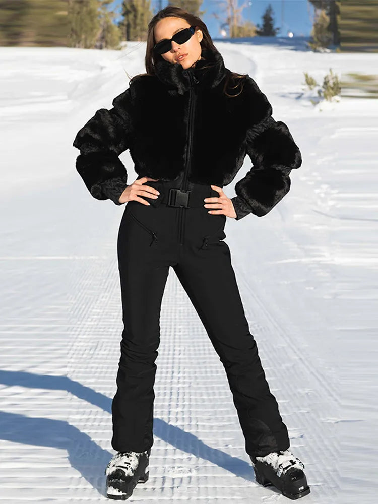 Women’s Faux Fur Trim Ski Jumpsuit