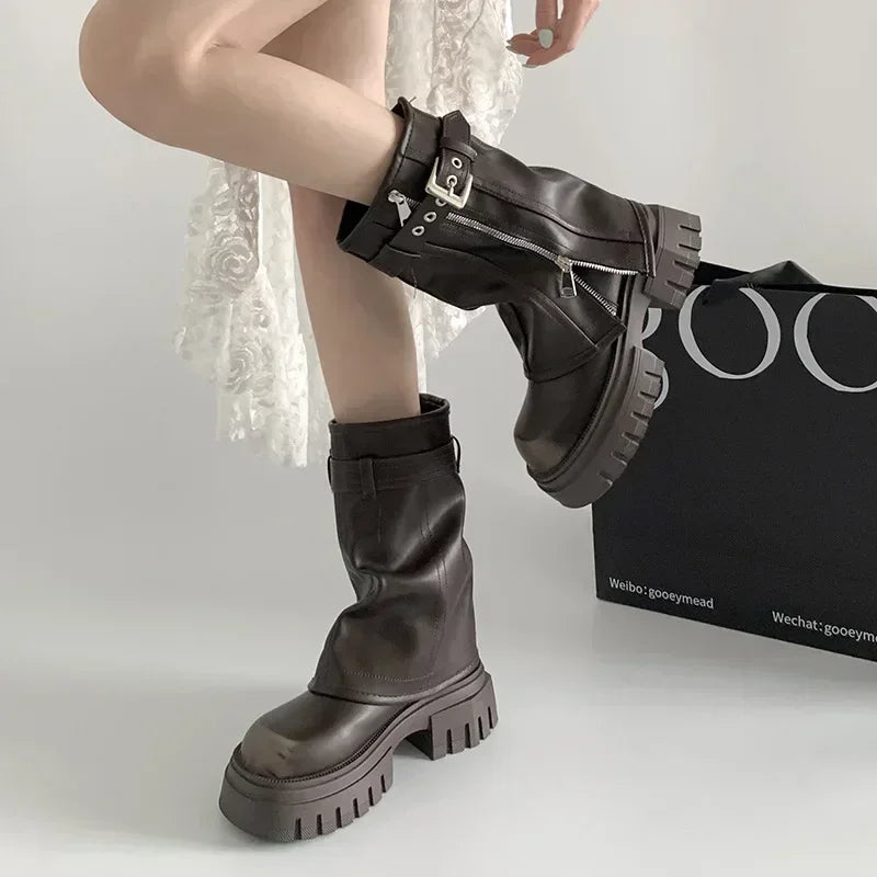 Women's Biker Boots – Belt Buckle Platform Mid-Calf
