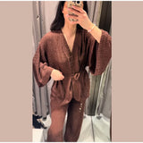 Tie Front Textured Women Set V-Neck Loose Set Wide Sleeve Drawstring Pants Casual Lounge Solid Color 2 Piece Outfits For Daily