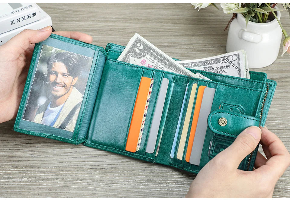 Contact'S Genuine Leather Wallets Women Men Wallet Short Small RFID Blocking Card Holder Wallets Ladies Red Coin Purse