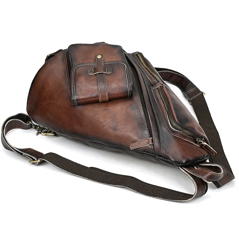 Single Shoulder Bagpack Genuine Leather Chest Bag Outdoor Riding Bag Chest Packs For Biker Men Male Sling Bags Cow Leather