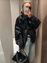 Stylish Pu Leather Jacket Stand-collar Loose Long Sleeved Coat Cool Casual Chic Versatile Outerwear New Autumn Women Streetwear