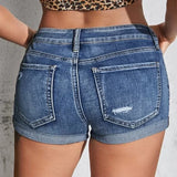 Women’s Mid-Waist Distressed Denim Shorts – Slim Fit Summer Beach Wear
