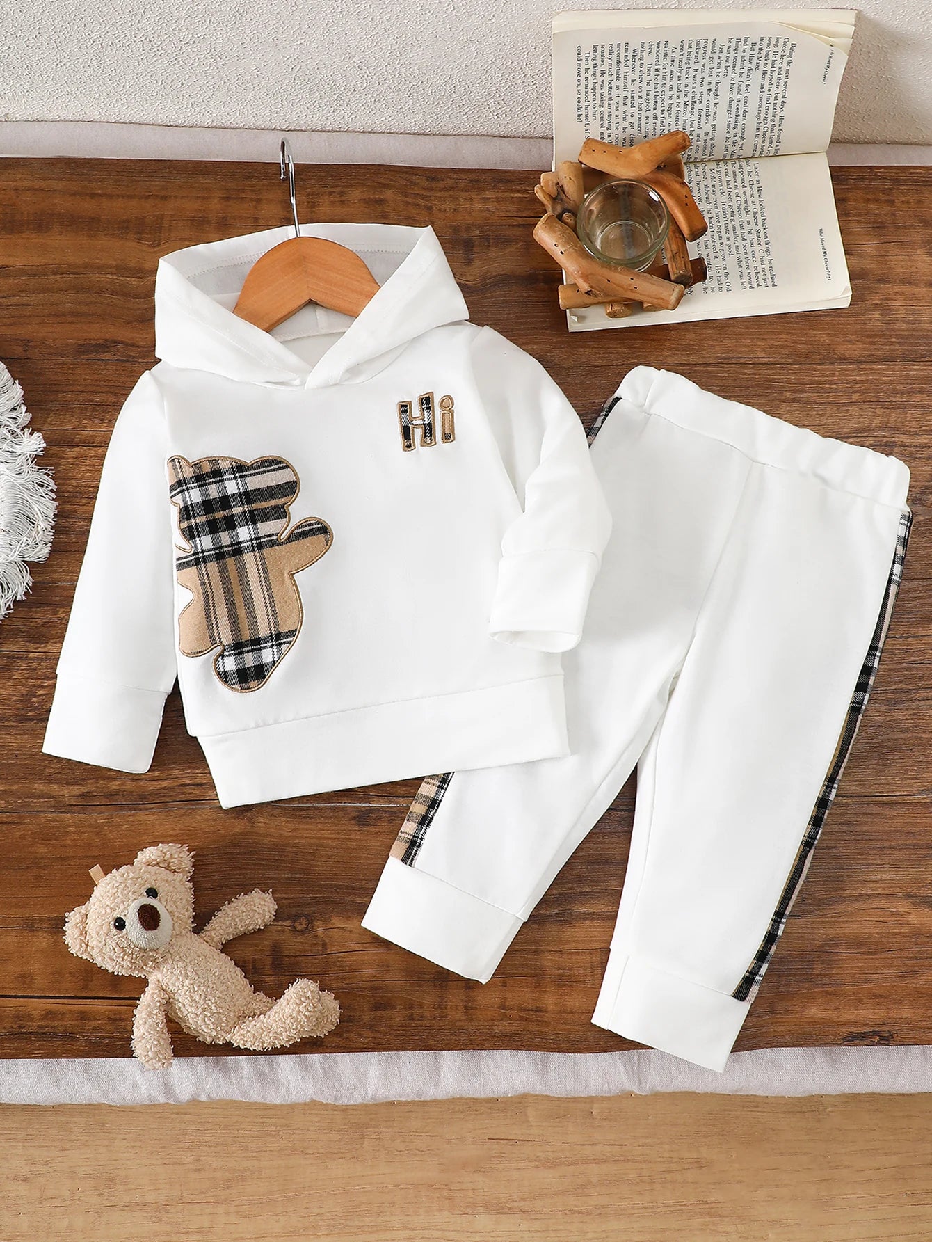 Baby Boy Cartoon Bear Hoodie & Plaid Joggers Set