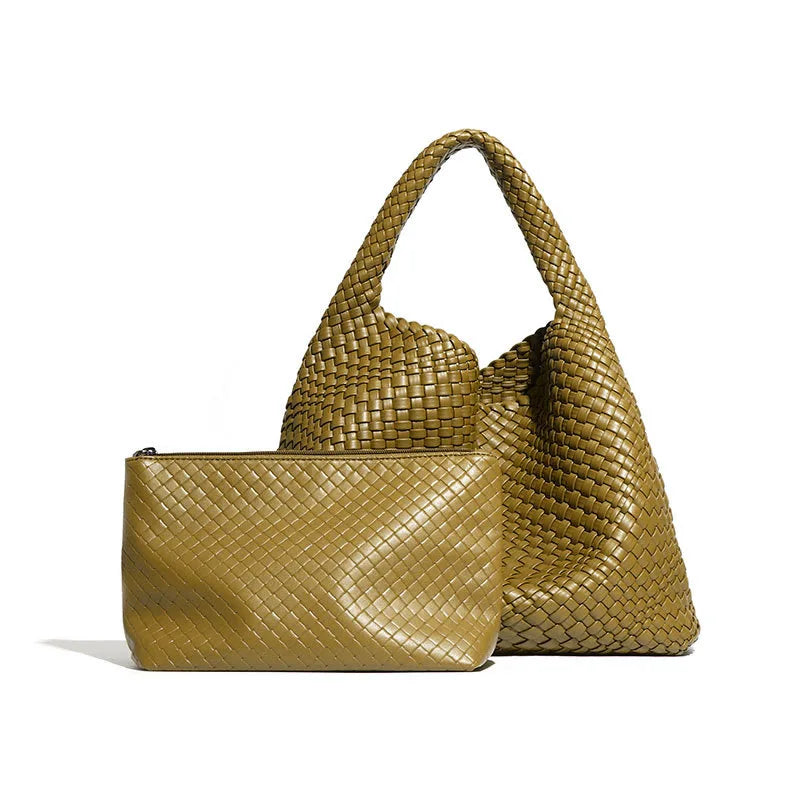 2025 Women Bag Luxury PU Leather Handbag Lady Fashion Handmade Knitting Tote Female Hand-woven Basket Shoulder Bag with Purse