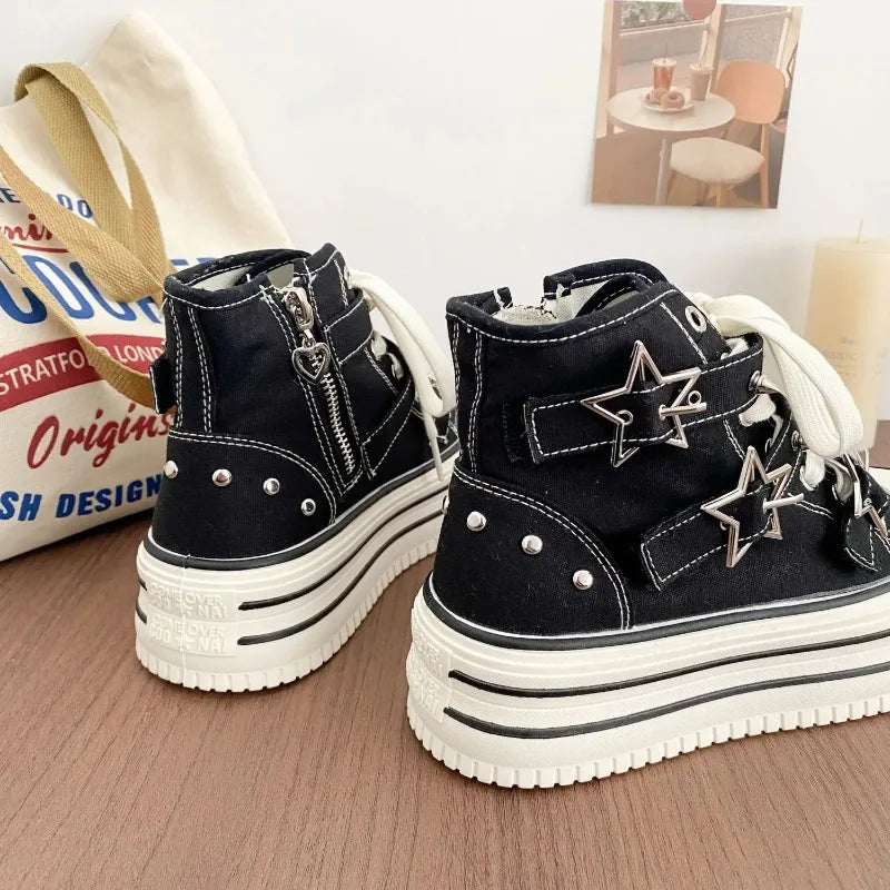Women's High-Top Canvas Platform Sneakers — Rivet Buckle Lace-Up