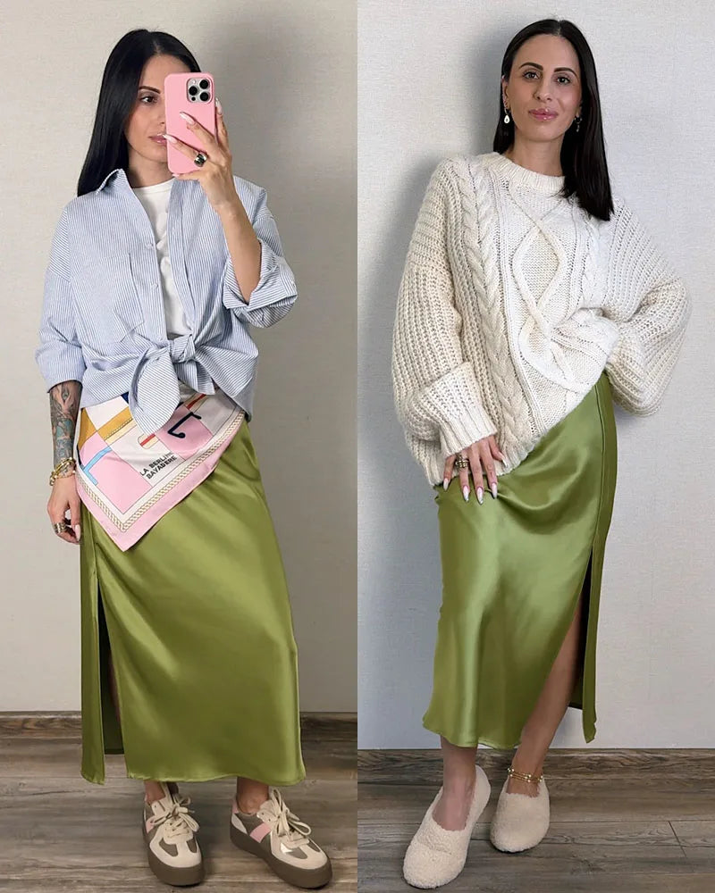 Women's Satin Midi Skirt – Elegant A-Line with Slit