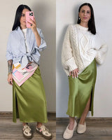 Women's Satin Midi Skirt – Elegant A-Line with Slit