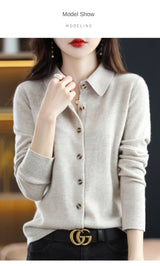 Polo Collar Spun Wool Cardigan – Elegant Single-Breasted Knit Jacket