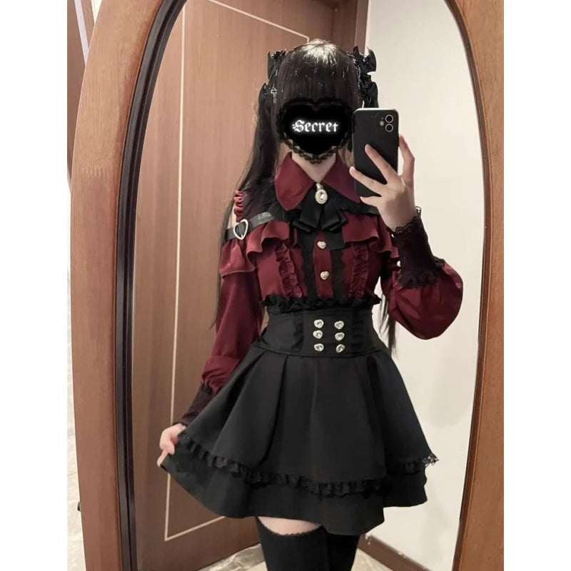 High Waist Lolita School orm Set Winter Faion oulder Bared irt And  Skirt Spicy Girl Clete Outfit Polyester ...