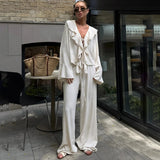 Linad Casual Loose Apricot Outfits Fashion Ruffles Flare Sleeve Blouse With High Waist Pant 2 Piece Sets Summer Long Pants Suits