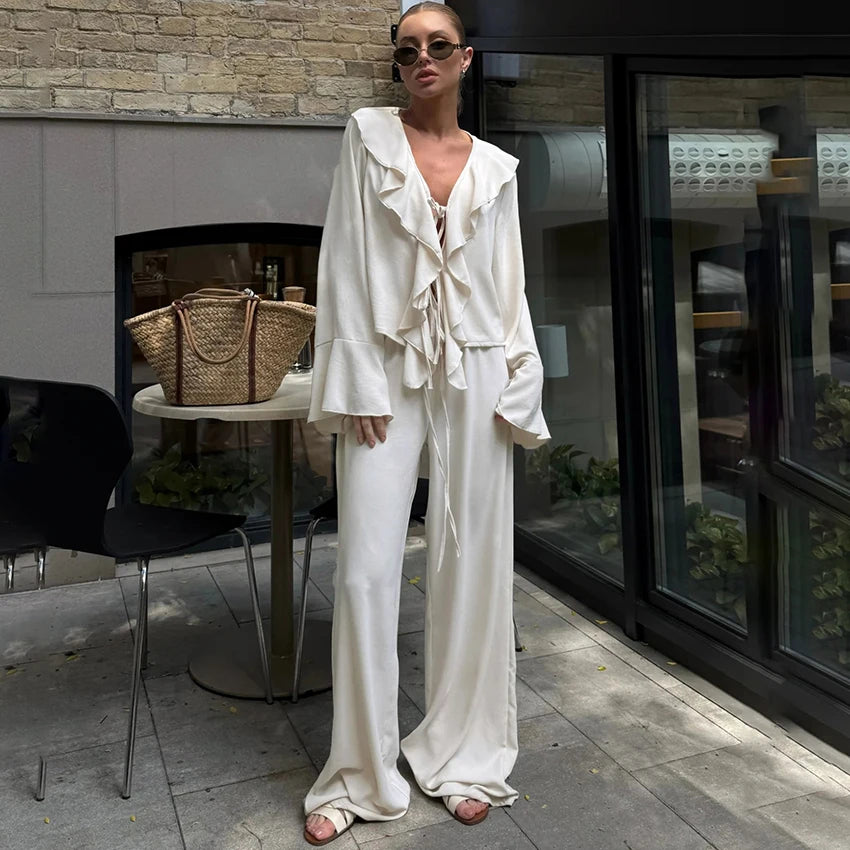 Linad Casual Loose Apricot Outfits Fashion Ruffles Flare Sleeve Blouse With High Waist Pant 2 Piece Sets Summer Long Pants Suits