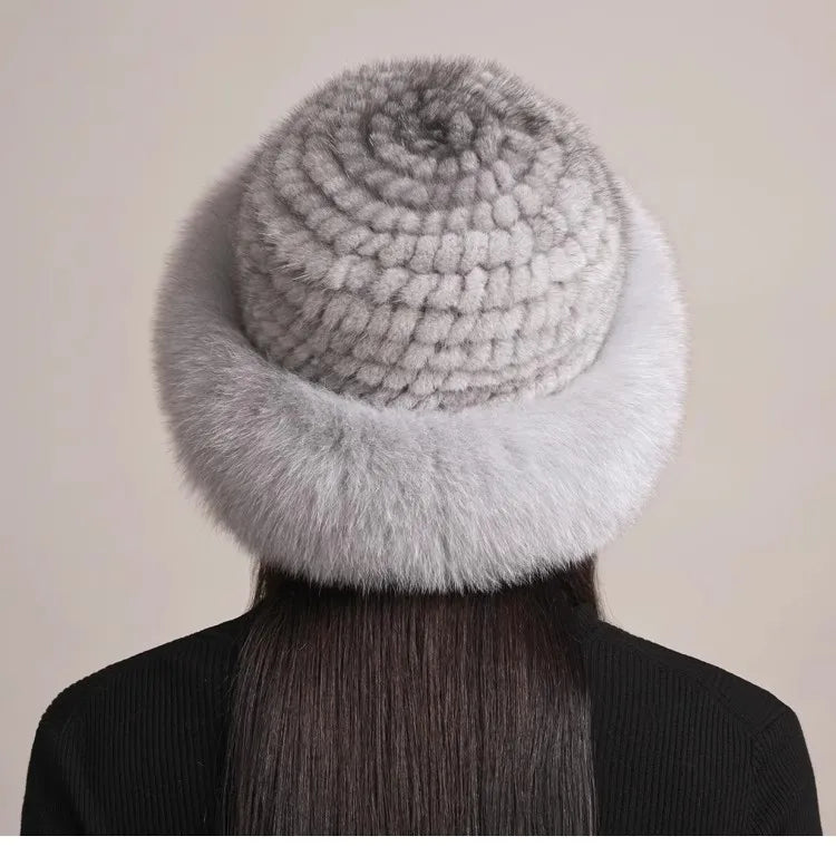Genuine Knitted Mink Fur Hat with Fox Fur Brim