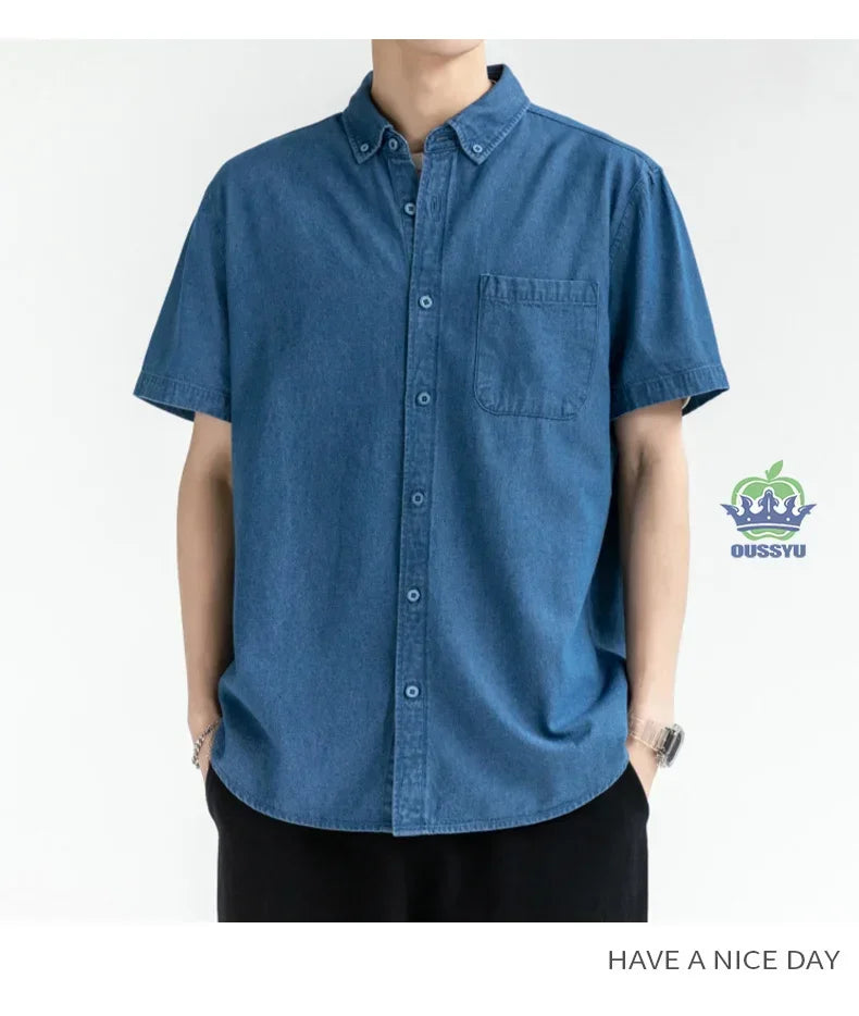 Men's Denim Shirt Long Sleeve Casual Outerwear Youth 2026 Fashion Streetwear Light Blue Button Up Top with Pockets Jeans Shirt