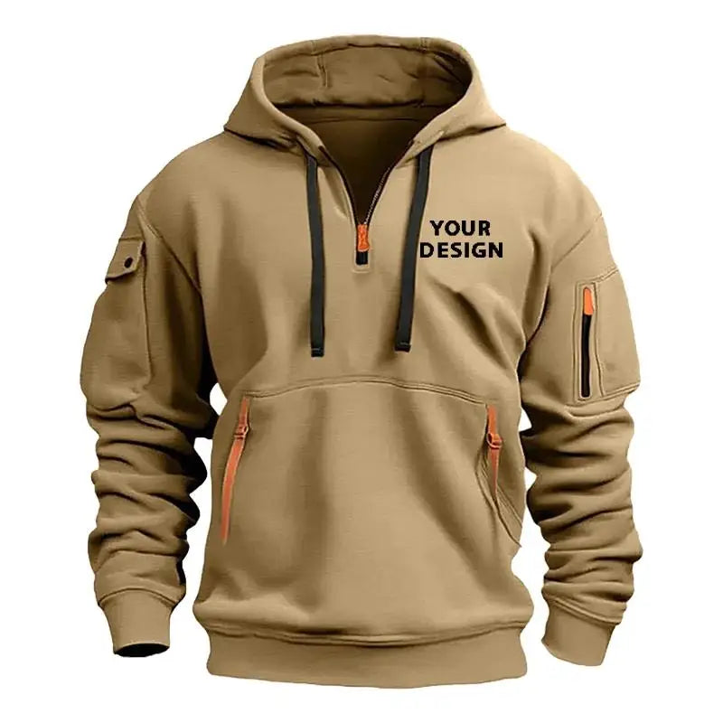 European New Men's Sports Zipper Arm Pocket Loose Casual Sweatshirt Customize Your Logo Dropped Shoulder Hooded Jacket Pullover