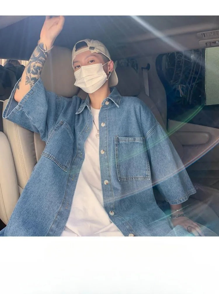 Men's Loose Fit Short Sleeve Denim Shirt Thin Summer Fashion Hong Kong Style Seven Sleeve Outerwear Trendy Casual Shirt