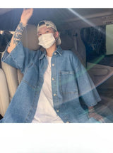 Men's Loose Fit Short Sleeve Denim Shirt Thin Summer Fashion Hong Kong Style Seven Sleeve Outerwear Trendy Casual Shirt