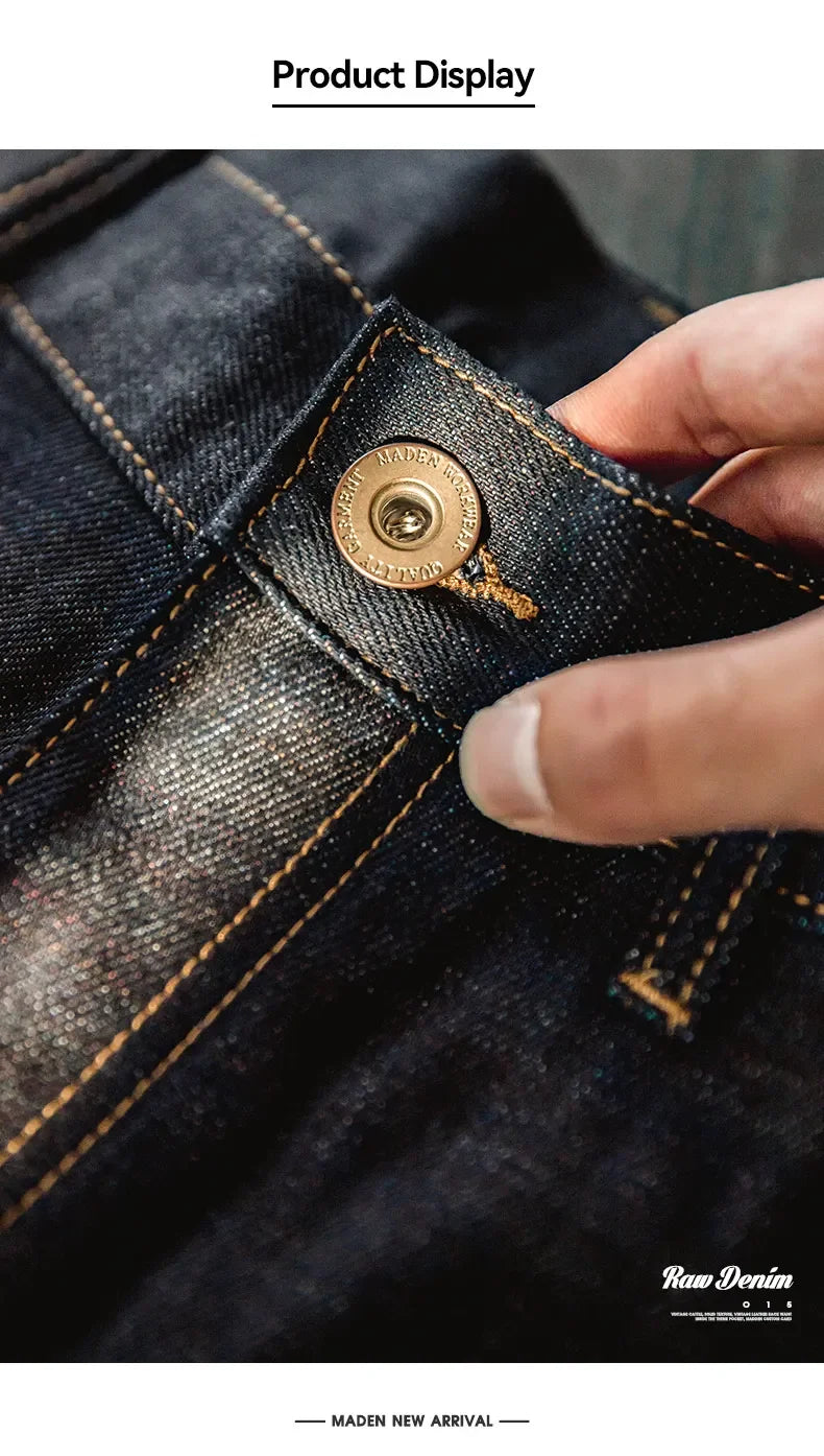 Maden Vintage 13.5OZ Selvedge Raw Denim Jeans Cotton Straight Denim Pants Men's Heavyweight Blue Zip Fly with Pockets Trousers