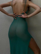 Women's Mesh See-Through Backless Maxi Dress