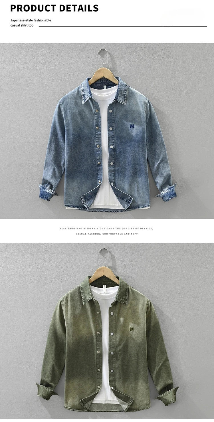 2025 Autumn New Letter-embroidered Vintage Washed Long Sleeve Denim Shirt for Men Clothing Cotton Versatile Streetwear CM7738