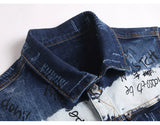 Men Graffiti Denim Jacket Casual Letters Printed Stretch Blue Jean Coat Slim Fit Lapel Collar Long Sleeve Outerwear