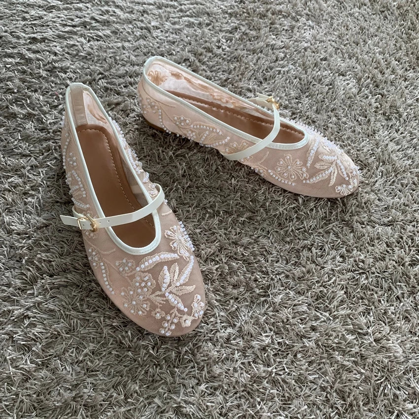 Embroidered Bead Ballet Flats | Breathable Mary Jane Sandal