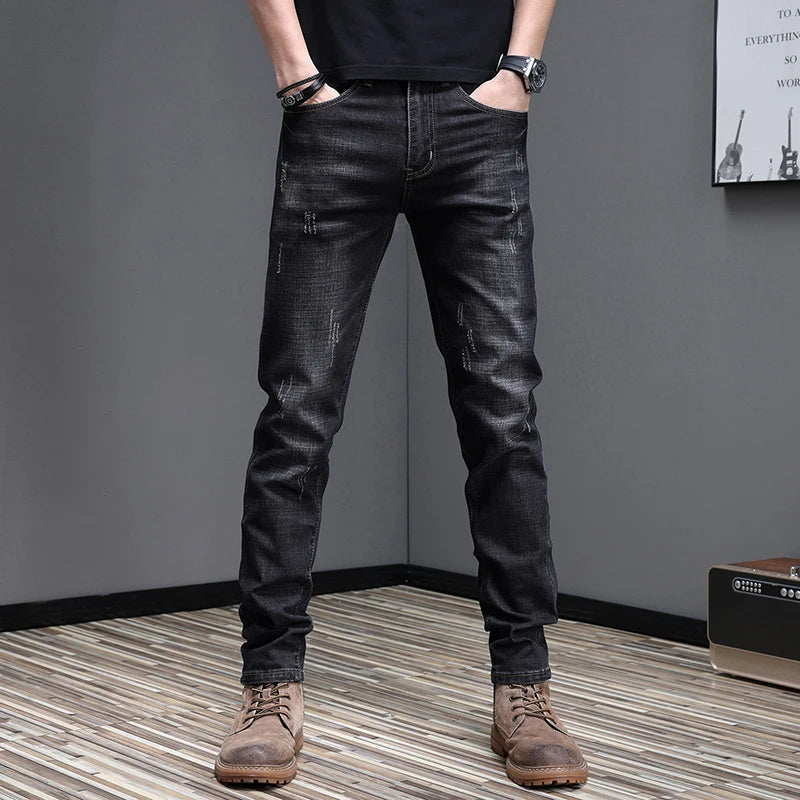 Embroidered Jeans Men's Autumn Winter New Korean Fashion Slim Little Feet Trousers Stretch Vintage Street Denim Trousers Male