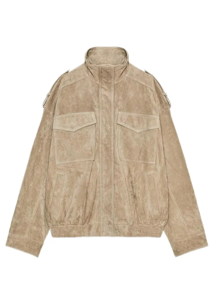 Brown Retro Suede Lapel Zippered Short Jackets Women's Casual Full Sleeves Pocket Loose Coats 2026 Spring Daily Commute Outwear