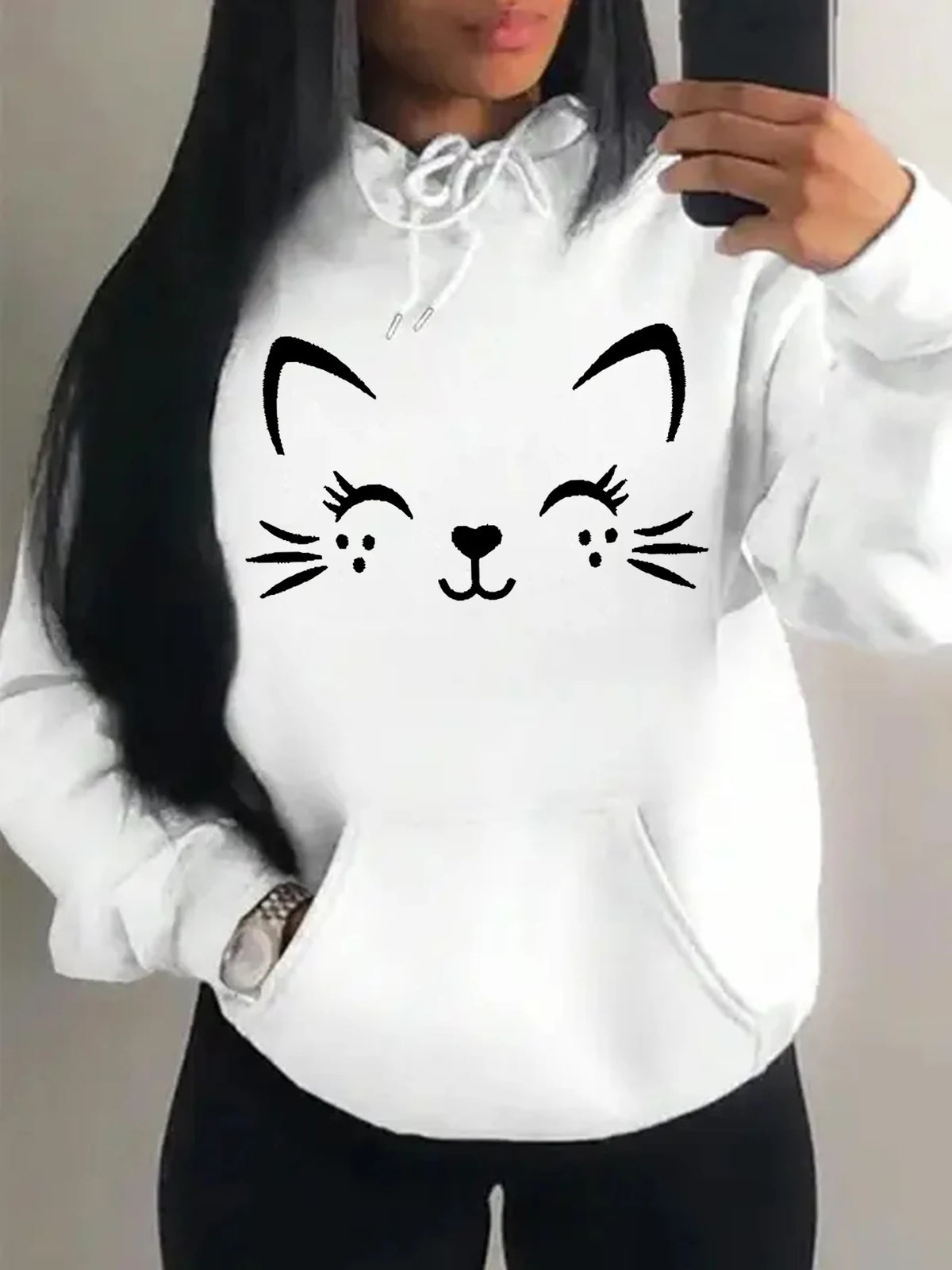 Women's Playful Cat Graphic Fleece Hoodie