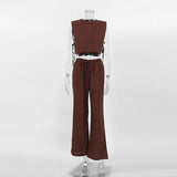 Spring Summer 2025 Women Holiday Linen Pant Set Crop Tops Solid Outfits 2 Two Piece Matching Set For Women