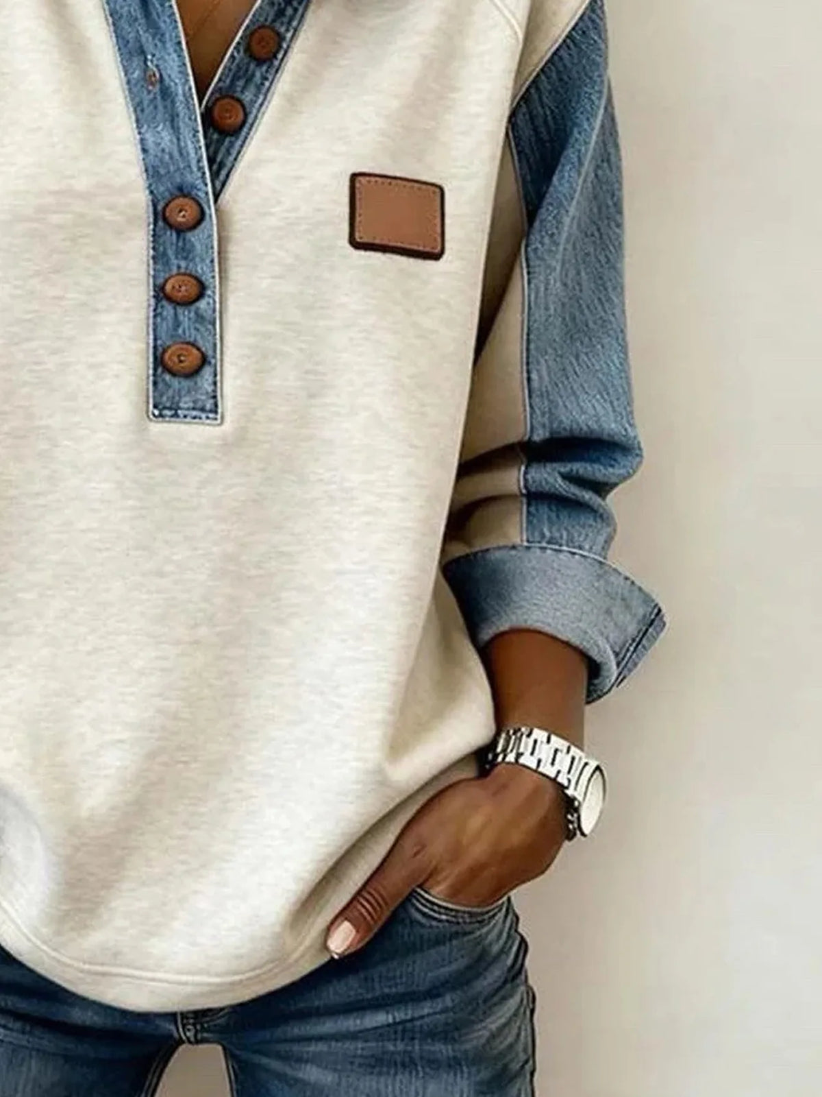 Spring Retro Contrast Color Women Sweatshirt Elegant Turn-down Collar Button Tops Pullover Autumn Long Sleeve Loose Top