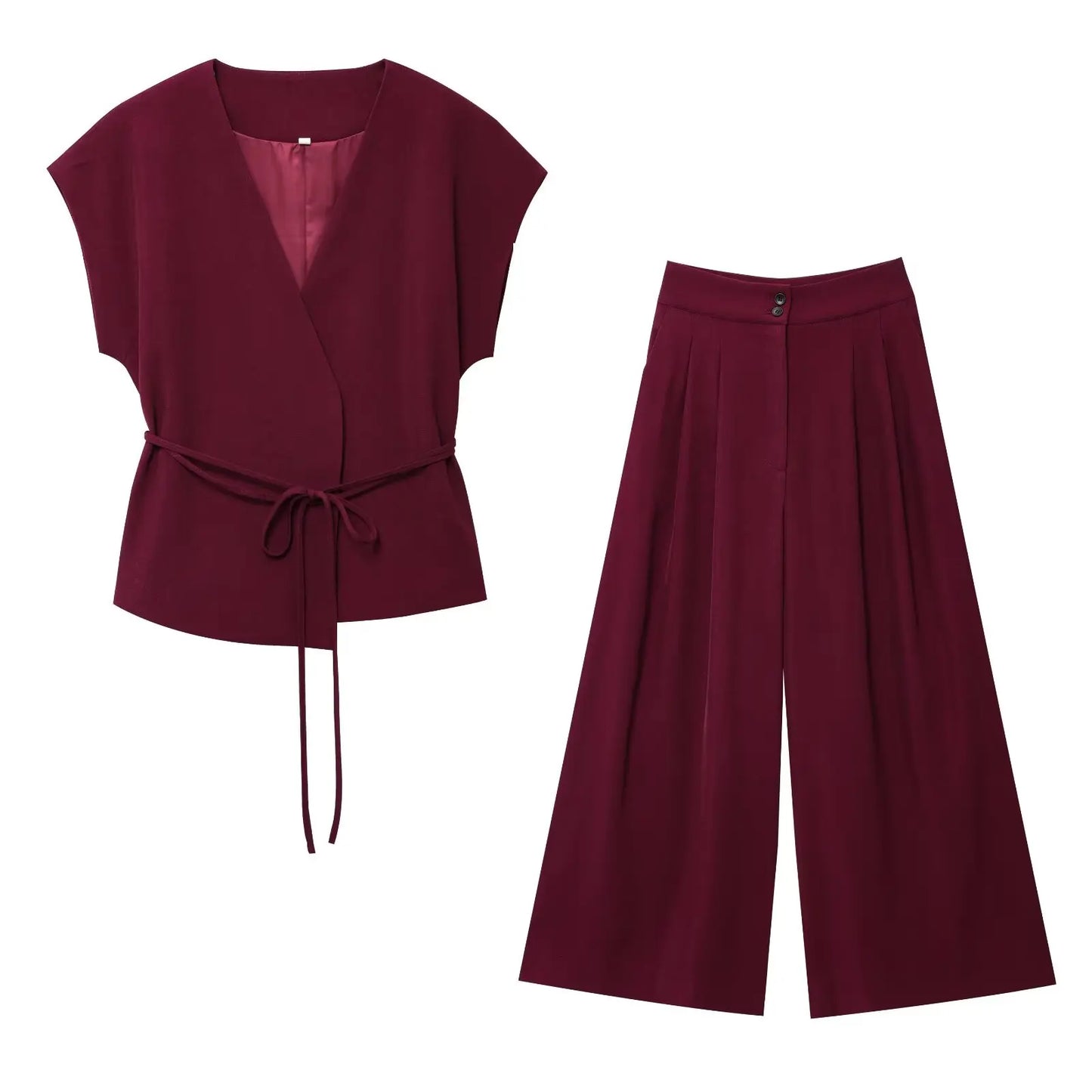 2-Piece Sleeveless V-Neck Trouser Set with Belt – Summer Commuter Wide Leg Suit