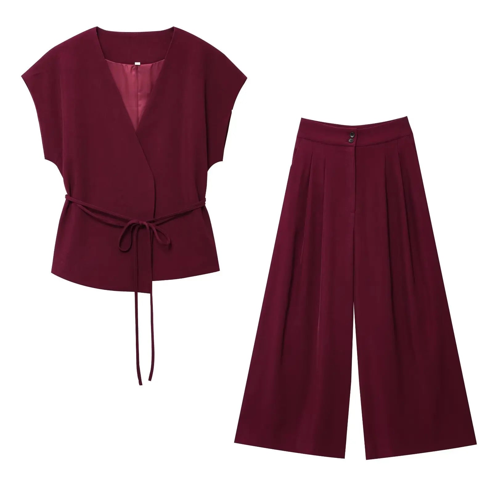 2-Piece Sleeveless V-Neck Trouser Set with Belt – Summer Commuter Wide Leg Suit