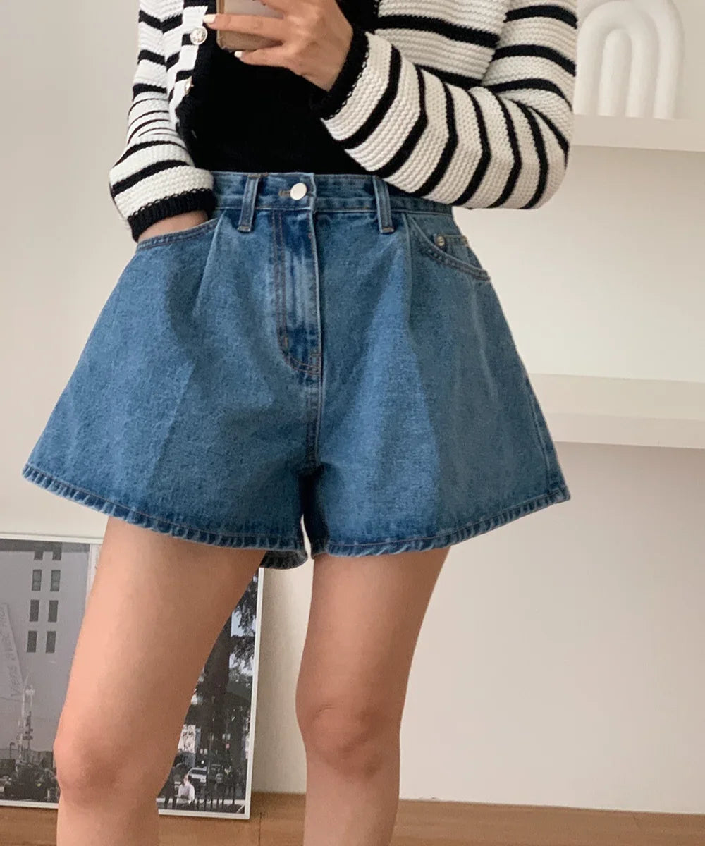 High-Waist Washed Denim Wide-Leg Shorts -Made Casual Blue Jean Shorts