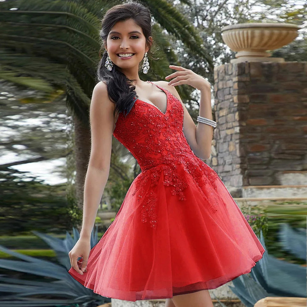 Beading V-Neck Cocktail Dress – Spaghetti Strap Mini Gown