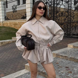 Tuularose Women's 2 Piece Fashion Lapel Zip Jacket Pleated Shorts Suit Vintage Streetwear New Party  Autumn Female Short Sets