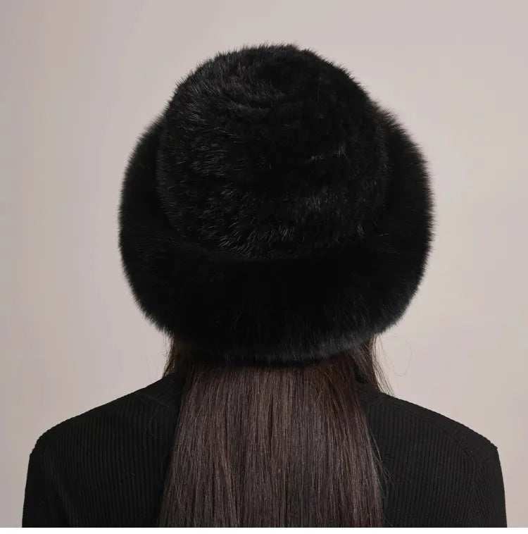 Genuine Knitted Mink Fur Hat with Fox Fur Brim