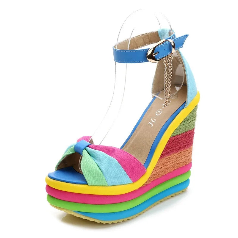 Women's Wide-Size Wedge Platform Sandals — Colorful Buckle Strap Gladiator