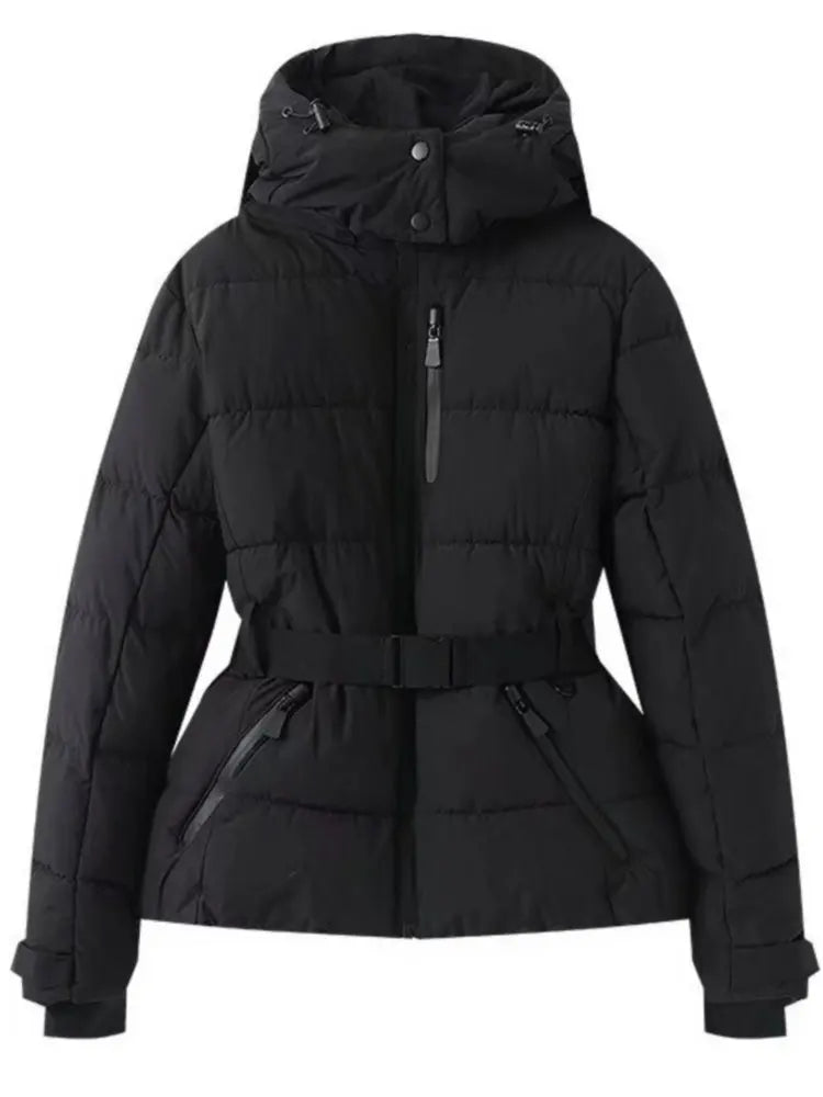 Women's Hooded Winter Parka – Insulated Mid-Waist Jacket with Adjustable Belt