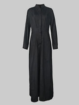 High-Waisted Wide Leg Jumpsuit - Half-Collar Long Sleeve One-Piece
