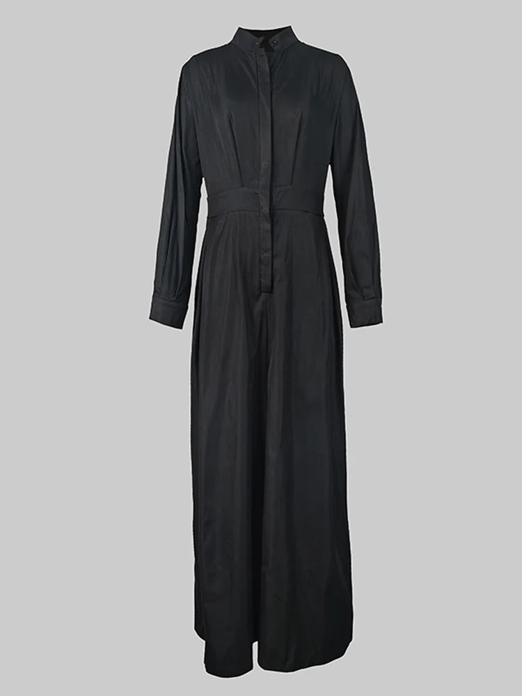 High-Waisted Wide Leg Jumpsuit - Half-Collar Long Sleeve One-Piece