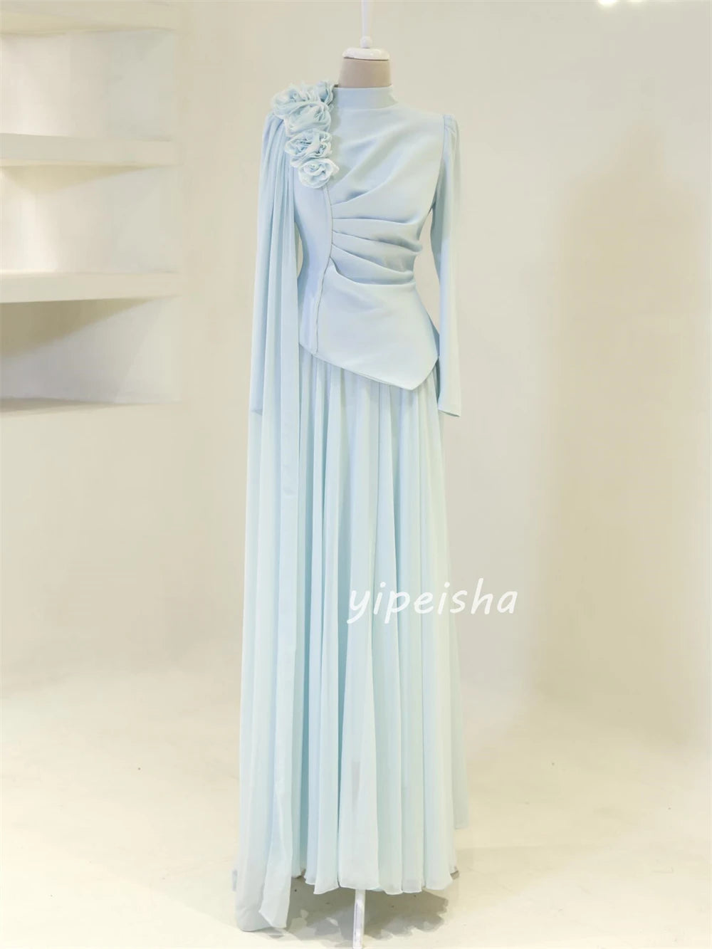 Customized Formal Women Chiffon Handmade Flower Ruched A-Line Evening Dresses Classic Arabic High Collar Long Sleeves Party Gown