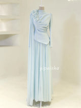 Customized Formal Women Chiffon Handmade Flower Ruched A-Line Evening Dresses Classic Arabic High Collar Long Sleeves Party Gown