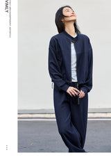 VIMLY 2 Piece Pant Set Woman Casual Outfits Women's Pant Suit 2026 Blue Stand-up Collar Jacket and Trouser Female Clothing A0119