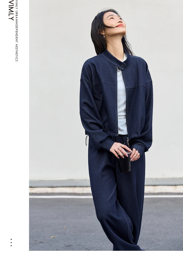 VIMLY 2 Piece Pant Set Woman Casual Outfits Women's Pant Suit 2026 Blue Stand-up Collar Jacket and Trouser Female Clothing A0119