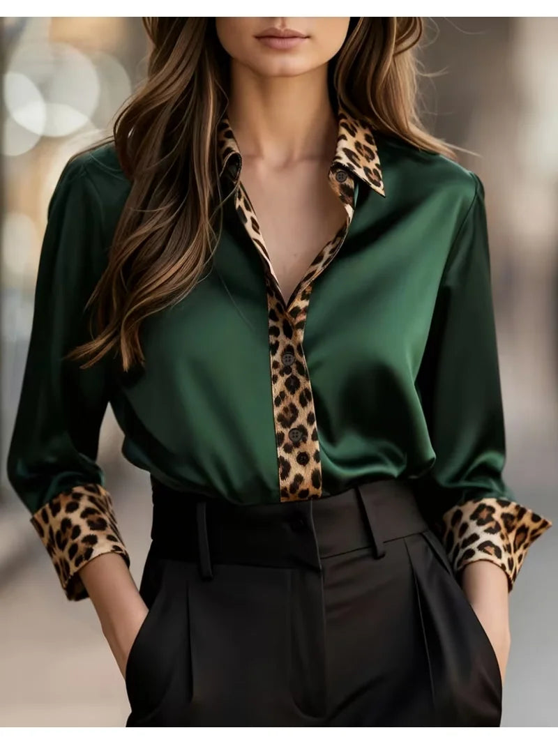 Women's Long-Sleeve Leopard Trim Loose-Fit Button-Down Blouse