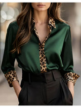 Women's Long-Sleeve Leopard Trim Loose-Fit Button-Down Blouse