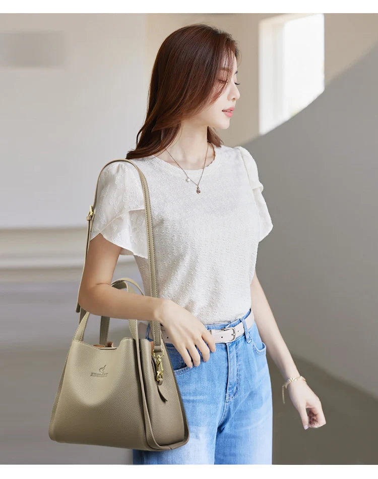 Genuine Brand Sturdy Durable Soft Leather Top-handle Bags Female Handbags Women 3 Layer Shoulder Crossbody Totes Messenger Bag